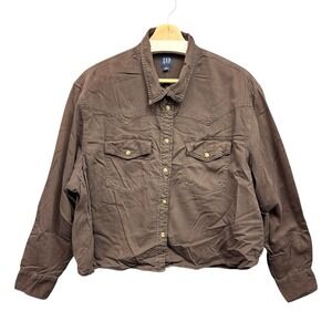 GAP Cropped Shirt Snap Button Up Women's XL Brown Long Sleeve Western Boho